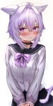  1girl :3 animal_ear_fluff animal_ears belt_collar black_collar black_sailor_collar black_skirt blush bow cat_ears cat_girl cat_tail collar hololive looking_at_viewer medium_hair minoriminoru0 nekomata_okayu purple_bow purple_eyes purple_hair sailor_collar school_uniform serafuku shirt skirt smile solo tail virtual_youtuber white_background white_shirt 