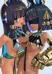  2girls :d absurdres ankh areola_slip arm_around_back asymmetrical_docking black_hair blindfold blue_eyes blue_hair bracelet breast_press breasts colored_inner_hair commentary_request dark-skinned_female dark_skin egyptian gauntlets gold hair_ornament hairband hand_on_own_hip highres jewelry long_hair looking_at_viewer medium_breasts multicolored_hair multiple_girls navel no_panties original parted_lips pussy revealing_clothes shiny_clothes short_hair smile two-tone_hair underboob usekh_collar yukisnow10001 