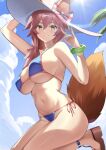  1girl absurdres animal_ear_fluff animal_ears bare_shoulders bikini blue_bikini blue_sky blush bracelet breasts cleavage collarbone fate/grand_order fate_(series) fox_ears fox_girl fox_shadow_puppet fox_tail grin hat highres jewelry kneeling kurozawa_yui large_breasts long_hair looking_at_viewer navel necklace pink_hair sidelocks sky smile solo sun_hat swimsuit tail tamamo_(fate) tamamo_no_mae_(swimsuit_lancer)_(fate) tamamo_no_mae_(swimsuit_lancer)_(second_ascension)_(fate) thighs white_headwear yellow_eyes 