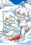  2girls animal_ears arctic_fox_(kemono_friends) arctic_wolf_(kemono_friends) blue_bow blue_bowtie blush boots bow bowtie capelet coat fox_ears fox_girl fox_tail kemono_friends long_hair long_sleeves multiple_girls one_eye_closed orange_eyes pantyhose pleated_skirt rinx skirt snow tail toboggan white_capelet white_coat white_footwear white_hair white_mittens white_pantyhose white_skirt wolf_ears wolf_girl wolf_tail 