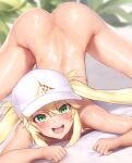  1girl :d absurdres artoria_caster_(fate) artoria_pendragon_(fate) ass baseball_cap blonde_hair blush clenched_hands commentary_request fate/grand_order fate_(series) green_eyes hair_between_eyes hat highres jack-o&#039;_challenge long_hair looking_at_viewer lying momisan on_stomach open_mouth smile spread_legs teeth thighs top-down_bottom-up twintails upper_teeth_only 