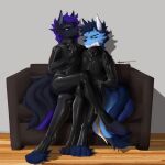  1:1 anthro bodysuit clothing controller duo furniture hi_res latex male male/male on_lap rubber rubber_clothing rubber_suit simple_background sitting_on_another sitting_on_lap skinsuit smug snowiezegreight sofa thick_thighs tight_clothing 