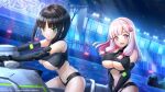  2girls black_hair blunt_bangs breasts dolphin_wave eines_(dolphin_wave) elbow_gloves gloves green_hair hair_ornament hairclip highres large_breasts long_hair looking_at_viewer multicolored_hair multiple_girls nacht_(dolphin_wave) official_art ootomo_takuji pink_eyes pink_hair short_hair symbol-shaped_pupils underboob wet 