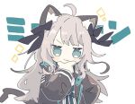  1girl :3 animal_ear_fluff animal_ears arknights black_jacket black_ribbon blue_eyes blush cat_ears cat_girl cat_tail closed_mouth commentary_request grey_hair hair_ribbon hand_on_own_chin jacket long_hair long_sleeves mint_(arknights) naguru_(cyoroama) ribbon simple_background solo tail upper_body white_background 