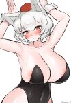  1girl absurdres animal_ears armpits arms_up artist_name bare_shoulders black_leotard breasts closed_mouth highres inubashiri_momiji large_breasts leotard looking_at_viewer nipple_slip nipples playboy_bunny red_eyes short_hair solo strapless strapless_leotard take_(take143000) touhou white_background white_hair wolf_ears wolf_girl wrist_cuffs 