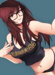  1girl armpits artist_name belly black_eyes breasts cleavage clothes_writing glasses highres kuronami616 lips looking_at_viewer navel original red_hair selfie simple_background smile solo underwear 