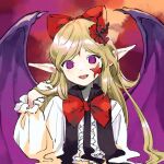  1girl bat_wings black_vest blonde_hair bow center_frills elis_(touhou) facial_mark fangs frilled_sleeves frills hair_bow hand_in_own_hair kaigen_1025 long_hair long_sleeves open_mouth pointy_ears purple_eyes purple_wings red_bow shirt smile solo star_(symbol) touhou touhou_(pc-98) upper_body vest white_shirt wings 