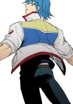  1boy absurdres belt blue_hair blue_pants blue_shirt bruno_(yu-gi-oh!) from_behind high_collar highres jacket leather_belt looking_back male_focus midriff_peek outstretched_arms pants parted_lips pocket purple_eyes running shirt short_hair simple_background sleeves_rolled_up solo standing tools utility_vest white_background white_jacket wrench youko-shima yu-gi-oh! yu-gi-oh!_5d&#039;s 