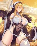  1girl azur_lane bare_shoulders between_breasts black_gloves blonde_hair blush breast_cutout breasts chain cleavage covered_navel cuffs gloves habit hair_between_eyes highres holding horns implacable_(azur_lane) large_breasts long_bangs long_hair looking_at_viewer nun orange_sekaii pelvic_curtain red_eyes revealing_clothes solo thighhighs thighs veil very_long_hair white_horns white_thighhighs 