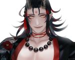  1boy bare_pectorals bead_necklace beads black_hair commentary facial_mark fangs forehead_mark horns jewelry male_focus medium_hair multicolored_hair necklace nijisanji nijisanji_en oni_horns open_mouth pectorals pointy_ears portrait prayer_beads red_hair smile solo streaked_hair virtual_youtuber vox_akuma yellow_eyes yui930 