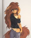  2023 absurd_res anthro apogee_(tinygaypirate) bottomwear bottomwear_down breasts canid canine canis clothed clothing digital_media_(artwork) domestic_dog female female_anthro floppy_ears fur hair hi_res kemono long_hair looking_at_viewer mammal navel no_underwear off_shoulder pants pants_down partially_clothed piercing portrait small_breasts solo spitz tail tattoo three-quarter_portrait tinygaypirate 