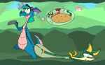  animated blue_body disney duo fan_character female feral food forest generation_5_pokemon green_body hi_res hot_dog knife male male/female nintendo overweight overweight_female plant pokemon pokemon_(species) rocca_the_dragon roksim serperior thought_bubble tree 