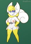  absurd_res anthro aurora_galvez_(sheriffpunchy) blonde_hair blue_eyes breasts double_tail female fur generation_6_pokemon genitals hair hi_res looking_at_viewer meowstic nintendo nude pokemon pokemon_(species) pussy sheriffpunchy shiny_pokemon solo white_body yellow_body yellow_fur 