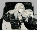  1boy alucard_(castlevania) ascot cape castlevania castlevania:_nocturne character_name furrowed_brow gloves highres holding holding_sword holding_weapon long_hair looking_at_viewer male_focus solo sparkle sword tirtyturtle twitter_username upper_body weapon 