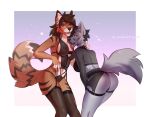  anthro arctic_fox ariannafray_pr bent_over bra breast_lick breast_play breasts brown_hair canid canine clothing duo erin-fox_(character) female female/female fennec fluffy fluffy_tail fox front_view garter_belt garter_straps hair half-closed_eyes jessie-fennec_(character) legwear licking lingerie looking_at_viewer mammal narrowed_eyes nipple_outline rear_view seductive stockings tail thigh_highs thong tongue tongue_out underwear 