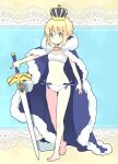  1girl 87banana artoria_pendragon_(fate) artoria_pendragon_(swimsuit_archer)_(fate) barefoot bikini blonde_hair blue_bow blue_cape bow cape crown excalibur_(fate/stay_night) fate/stay_night fate_(series) fur_trim green_eyes hair_bow solo swimsuit white_bikini white_swimsuit white_trim 