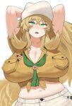  1girl arms_behind_head arms_up barghest_(fate) barghest_(swimsuit_archer)_(fate) blonde_hair blush breasts cleavage fate/grand_order fate_(series) green_eyes grey_headwear grey_skirt hat high_ponytail highres huge_breasts long_hair looking_at_viewer maruko_tooto midriff navel neckerchief open_mouth shirt short_sleeves sidelocks skirt solo thighs tied_shirt yellow_shirt 