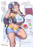  1girl :o absurdres bare_shoulders black_hair blue_eyes blue_eyeshadow blue_hair breasts character_name crop_top domaguri earrings eyeshadow highres holding holding_poke_ball hoop_earrings jewelry large_breasts makeup midriff multicolored_hair navel nessa_(pokemon) poke_ball poke_ball_(basic) pokemon pokemon_(creature) pokemon_(game) pokemon_swsh quagsire short_shorts shorts sweat two-tone_hair 