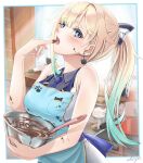  1girl absurdres aizawa_ema apron bangs bare_shoulders blonde_hair blue_apron blue_eyes blue_hair blue_necktie blunt_bangs blush bow breasts cat cat_earrings chocolate chocolate_on_body cooking_pot copyright_name dress eating food_on_body gradient_hair hair_between_eyes hair_bow head_back highres kitchen long_hair looking_at_viewer medium_breasts mixing_bowl multicolored_hair mussan necktie official_alternate_costume ponytail signature solo valentine virtual_youtuber vspo! white_dress window 