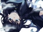  1boy black_hair blue_eyes closed_mouth demon_slayer_uniform fog highres kimetsu_no_yaiba long_hair looking_at_viewer male_focus r1014-chopper solo tokitou_muichirou upside-down white_background 