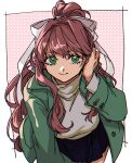  1girl black_skirt border breasts brown_hair cowboy_shot doki_doki_literature_club green_eyes green_jacket hair_ribbon hand_in_own_hair high_ponytail highres jacket leaning_forward long_hair looking_at_viewer medium_breasts mi_cha_iru monika_(doki_doki_literature_club) pink_background ribbon shirt sidelocks skirt smile solo turtleneck wavy_hair white_border white_ribbon white_shirt 