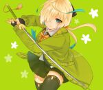  1girl aqua_eyes aqua_hair blonde_hair bow bowtie cardigan closed_mouth fighting_stance fingerless_gloves floating_hair floral_background gloves green_background green_cardigan green_skirt hair_between_eyes hair_ribbon holding holding_sword holding_weapon inaba_gou katana long_sleeves low_ponytail multicolored_hair one_eye_covered ribbon skirt solo sword tassel tenka_hyakken thighhighs two-tone_hair usami_misa weapon 