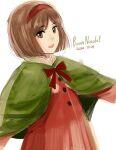  1girl :d aida_yuu bob_cut bow brown_eyes brown_hair capelet christmas commentary_request dated dress green_capelet gunslinger_girl hairband henrietta_(gunslinger_girl) italian_text looking_at_viewer open_mouth parted_bangs pom_pom_(clothes) red_bow red_dress red_hairband short_hair simple_background sketch smile solo teeth upper_body upper_teeth_only white_background 