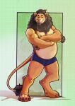  anthro beard black_hair clothed clothing crossed_arms facial_hair felid fur green_background green_eyes hair hi_res kodiak_(kodiak079) lion long_hair looking_at_viewer male mammal model_sheet musclegut muscular nipples pantherine schesta simple_background smile solo standing tan_body tan_fur underwear 