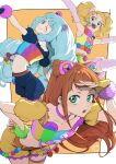  3girls :d :o ;) absurdres after_(artist) aikatsu! aikatsu!_(series) aikatsu_stars! animal_ears arm_up arm_warmers armpits arms_up bare_shoulders belt blonde_hair blunt_bangs blush border bow braid choker closed_mouth collar collarbone cone_hair_bun cowboy_shot crop_top dated detached_sleeves double_bun drill_hair fingerless_gloves flat_chest frills fur-trimmed_gloves fur_trim gloves green_eyes hair_bun hair_ornament hand_on_hip hand_up highres idol jewelry leaning_forward long_hair looking_at_viewer midriff multicolored_clothes multicolored_shirt multiple_girls navel nikaidou_yuzu one_eye_closed open_mouth orange_background orange_hair outside_border outstretched_arms pom_pom_(clothes) puffy_short_sleeves puffy_shorts puffy_sleeves red_eyes saotome_ako shading_eyes shirogane_lilly shirt short_shorts short_sleeves shorts sidelocks simple_background skirt sleeveless smile spread_arms standing star_(symbol) star_hair_ornament stomach teeth thighhighs twintails upper_teeth_only very_long_hair white_border white_hair yellow_gloves yellow_shirt 