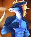 abs absurd_res anthro blue_body blue_fur dragon fangs fur furred_dragon glistening glistening_eyes hi_res horn kuttoyaki looking_at_viewer male nude open_mouth pecs pupils simple_background slit_pupils solo teeth white_body white_fur white_horn yellow_eyes 
