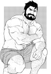  1boy abs absurdres arm_hair bara beard body_hair boxers chest_hair facial_hair feet_out_of_frame frkdragmire greyscale hairy highres large_pectorals leg_hair male_focus male_underwear mature_male monochrome muscular muscular_male mustache navel_hair nipples old old_man original pectoral_squeeze pectorals short_hair smile solo squatting stomach thighs thumbs_up topless_male underwear wrinkled_skin 