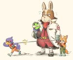 aged_down amphibian angry annoyed anthro avian belt bird blue_eyes blush bottomwear canid canine clothing coat falco_lombardi fox fox_mccloud frog green_eyes group katamichi lab_coat lagomorph leash leporid male mammal nervous_sweat nintendo pants peppy_hare rabbit red_eyes simple_background slippy_toad smile star_fox toad_(frog) topwear young 