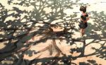  1girl absurdres arms_behind_back barefoot black_dress black_hair branch commentary_request crown_of_thorns dappled_sunlight day dress highres myango_(applemangocrape) original outdoors shade short_hair short_sleeves solo sunlight tree_stump 