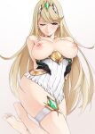  1girl adapted_costume arms_behind_back bare_shoulders barefoot blonde_hair blush breasts breasts_apart breasts_out closed_mouth collarbone commentary dress embarrassed feet gem gold_trim green_gemstone gs_(onsen_syndicate) headpiece highres kneeling large_breasts long_hair looking_at_viewer mythra_(xenoblade) nipples one_eye_closed orange_eyes pinstripe_pattern revealing_clothes short_dress simple_background solo split_mouth striped swept_bangs thick_thighs thigh_strap thighs tiara v-shaped_eyebrows white_background white_dress xenoblade_chronicles_(series) xenoblade_chronicles_2 