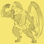 anthro avian awarebear beak big_wings claws clothing collar feathers gryphon male muscular muscular_anthro muscular_male mythological_avian mythology nipples sharp_claws simple_background solo tail toga were weregryphon wings yellow_background 