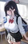  1girl absurdres black_hair blue_archive bottle bow bowtie breasts classroom hair_ornament hairclip halo highres holding indoors large_breasts long_hair long_sleeves milk_carton preview_(preview0) red_bow red_bowtie red_eyes rio_(blue_archive) school_uniform shirt skirt solo thighhighs thighs white_shirt 