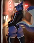  2023 aggretsuko anthro big_butt black_clothing blue_eyes bow_ribbon butt clothing digital_media_(artwork) digital_painting_(artwork) female hand_in_pocket headphones headphones_around_neck hi_res jacket legwear looking_at_viewer looking_back looking_back_at_viewer night paradoxing pockets purple_body ribbons sanrio shikabane_(aggretsuko) solo tail thigh_highs topwear underwear 