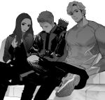  1girl 2boys absurdres arrow_(projectile) avengers:_age_of_ultron avengers_(series) breasts brother_and_sister clint_barton closed_eyes closed_mouth commentary_request couch crossed_arms crossed_legs dress facial_hair gem greyscale hand_in_pocket hawkeye_(marvel) highres jacket jewelry lips long_hair long_sleeves looking_at_viewer mandarin_collar marvel marvel_cinematic_universe medium_breasts monochrome multiple_boys necklace open_clothes open_jacket pants pietro_maximoff roku0180 scarlet_witch shadow shirt shoes short_hair siblings simple_background sitting sleeping sneakers thighhighs wanda_maximoff 