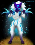  bovid caprine female fur fur_markings glowing glowing_markings hi_res hooves kindred_(lol) lamb_(lol) league_of_legends mammal markings mask riot_games sheep solo tokalathefox weapon 