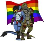  2023 absurd_res alligator alligatorid alpha_channel anthro armor beard belt black_beard black_hair black_mustache blue_body buckle clothing codpiece crocodilian cuisse digital_media_(artwork) dragon duo eyes_closed facial_hair flag_(object) green_body green_scales hair hand_holding hi_res kissing legband lgbt_pride male male/male muscular muscular_anthro muscular_male mustache nipples pride_colors rainuja red_clothing red_scarf red_speedo red_swimwear reptile sabatons scales scalie scarf schynbalds sek-raktaa simple_background sparksstars spaulder speedo standing straps swimwear tail tail_tuft teeth_showing thighband transparent_background tuft unconvincing_armor vambrace white_body 