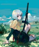  1girl absurdres arm_on_knee arm_support bchan1582 belt black_shirt black_skirt black_socks blue_eyes blue_sky blunt_ends bob_cut bush closed_mouth cloud day from_side grass highres katana knee_up kneehighs layered_sleeves light_smile long_sleeves looking_at_viewer looking_to_the_side original outdoors sheath sheathed shirt short_over_long_sleeves short_sleeves sitting skirt sky socks solo sword weapon white_hair yellow_shirt 