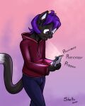  2020 anthro black_body black_fur black_nose cellphone clothed clothing dipstick_tail domestic_cat felid feline felis fur hair hi_res hoodie male mammal markings phone purple_eyes purple_hair shieltar solo tail tail_markings topwear 