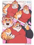  2021 anthro artist_name bandage bear biceps black_clothing black_jacket black_topwear claws clenched_teeth clothing comic confusion dialogue english_text eyes_closed felid finger_claws fur green_eyes hair hi_res hybrid jacket male mammal muscular muscular_anthro muscular_male open_mouth orange_body orange_fur overweight overweight_anthro overweight_male pantherine pawpads pecs red_hair red_stripes scared side_effects solo soul_nero speech_bubble striped_body striped_fur stripes teeth text tiger topwear tora_(soul_nero) transformation twitter_handle ursine vaccination 
