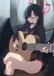  1girl absurdres acoustic_guitar black_choker black_hair black_serafuku black_wings blue_archive breasts choker closed_eyes crossed_legs guitar hair_ornament hairclip halo highres holding holding_plectrum ichika_(blue_archive) instrument long_hair long_sleeves low_wings neckerchief noe_(ppppriver) playing_guitar plectrum rain red_neckerchief school_uniform serafuku skirt smile solo wings 