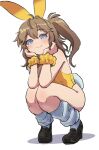  1girl alternate_costume animal_ears antenna_hair blue_eyes blush brown_hair commentary_request fake_animal_ears fake_tail fang full_body grey_leg_warmers hands_on_own_chin head_rest high_heels highleg highleg_leotard highres kasukabe_tsumugi kimutomo_2 leg_warmers leotard loafers long_hair looking_at_viewer one_side_up playboy_bunny rabbit_ears rabbit_tail raised_eyebrows scrunchie shoes simple_background skin_fang smile solo squatting strapless strapless_leotard tail voicevox white_background wrist_scrunchie yellow_leotard 