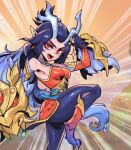  1girl :d armor armpits bare_shoulders black_gloves black_hair black_pantyhose breasts claws detached_sleeves dragon_girl dragon_horns emphasis_lines fang floating floating_object from_side gloves horns immortal_journey_shyvana knee_up large_breasts league_of_legends long_hair orange_sleeves pantyhose phantom_ix_row pointy_ears red_eyes shiny_clothes shyvana smile solo 