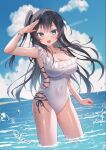  1girl black_hair blue_eyes cloud gyozanuko highres long_hair ocean one-piece_swimsuit open_mouth original sky solo standing swimsuit water 