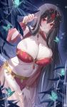  1girl absurdres alternate_costume azur_lane black_hair blush breasts bug butterfly cleavage dancer hand_up highres jewelry large_breasts long_hair long_sleeves looking_at_viewer navel outdoors parted_lips red_eyes solo taihou_(azur_lane) tansuan_(ensj3875) wet 