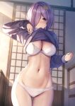  1girl blush bra breasts clothes_lift commentary_request cowboy_shot hair_ornament hair_over_one_eye large_breasts liya long_sleeves looking_at_viewer mouth_hold navel one_eye_covered original panties purple_eyes purple_hair purple_shirt shirt shirt_lift short_hair solo stomach thigh_gap thighs underwear white_bra white_panties 