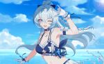  1girl :d absurdres armpits bare_shoulders bikini blue_bikini blue_choker blue_eyes blue_hair blue_sky bow braid breasts choker cleavage cloud cloudy_sky day gloves hair_between_eyes hair_bow highres honkai_(series) honkai_impact_3rd jewelry long_hair looking_at_viewer mumu123 navel necklace ocean one_eye_closed open_mouth outdoors ponytail shigure_kira sky smile solo summer swimsuit water white_gloves 